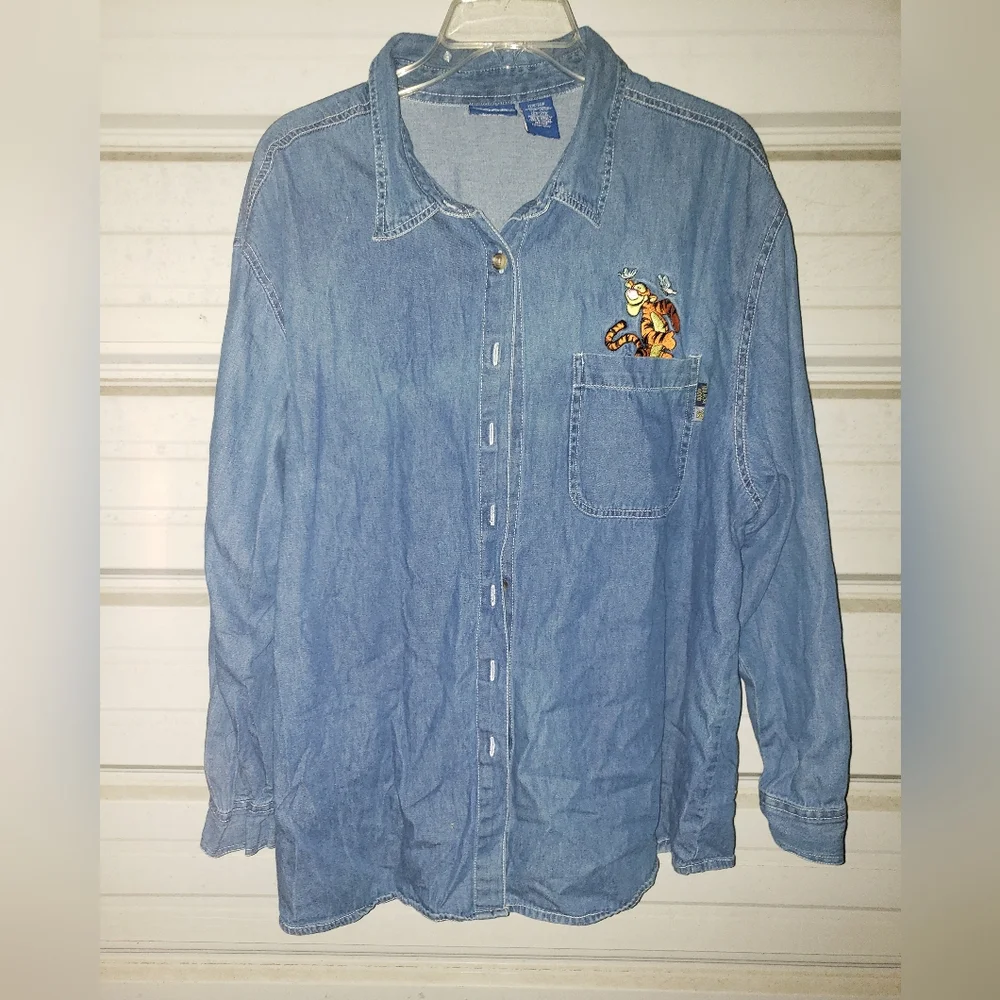 3x Plus Size 22 24 Winnie The Pooh Tigger Denim Blouse Shirt Top Womens Cotton - Picture 1 of 4